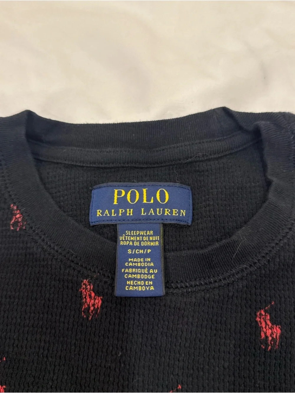 Polo Ralph Lauren All Over Pony Waffle Knit Thermal Sleep Shirt Black Red S